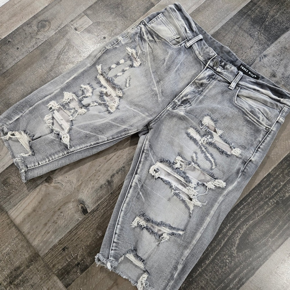Smoke Rise Heavy Distressed Ripped Gray Wash Jean Shorts Streetwear Mens 34